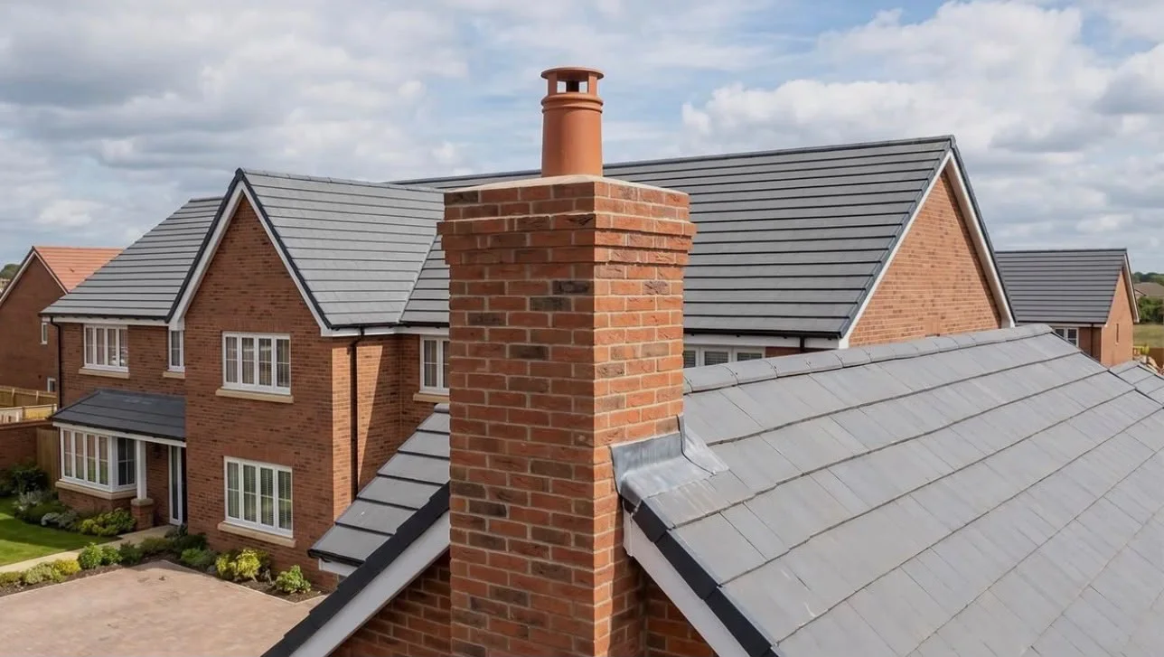 Brick chimney with lead flashing